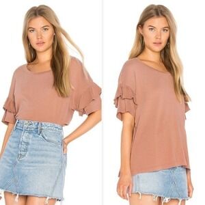Current Elliott‎ Ruffle Sleeve Tee Mauve Pink Knit Top Size 3 L Made in USA Boxy